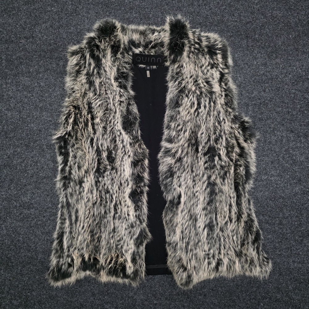 Quinn Womens‎ XS Rabbit Fur Open Front Vest Black White Gray Glam Luxe Cozy Edgy